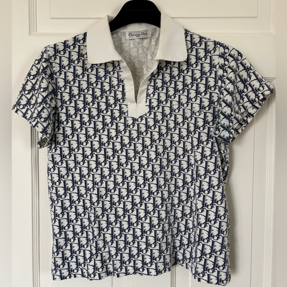 Christian Dior Navy and White Dior Oblique Logo T-Shirt